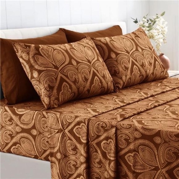 1800 Thread Count Brushed Microfiber Bed Sheets Paisley Patterned Brown NWT